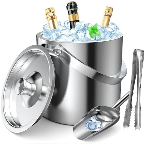 GMGXX Eiswürfelbehälter Edelstahl, 1,6L Eiseimer mit Doppelwand-Design, Eisbehälter für Eiswürfel Eiskübel mit Deckel & Eisschaufel & Zangen, Tragbar Eiskühler zum Kühlen von Bier
