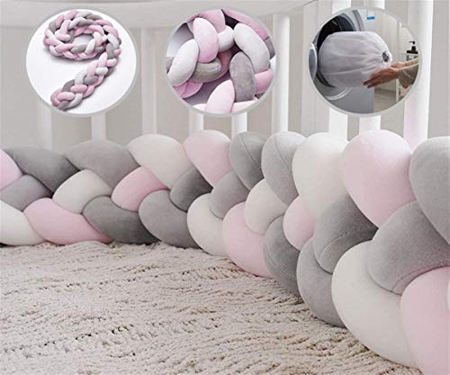 Icegrey Trenza Protector de Cuna 4 Trenzada Bebe Parachoques Cuna Protector de Cabeza para Proteger Bebe y Decorar la Cuna con Bolsa de Lavandería, Rosa + Blanco + Rosa + Gris, 2.2m