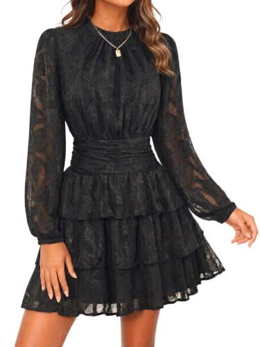 Image of Wenrine Womens Long Sleeve Lace Mini Dress Wedding Guest Dresses