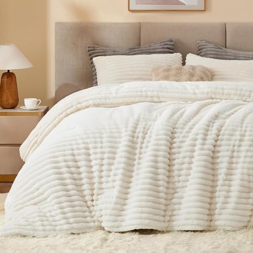 BEDELITE Fleece Queen Comforter Set -Super Soft & Warm Fluffy Cream White Bedding, Luxury Fuzzy Heavy Bed Set for Winter with 2 Pillow Cases - Thumbnail 2