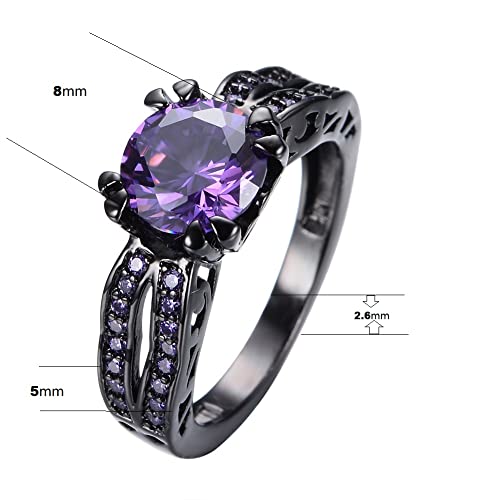 ASFKIPMF Black CZ Fashion Amethyst Purple Birthstone Ring Round Cut 10KT Bridal Sets Black Gold Plated Womens Wedding Ring Sets Green Cz Engagement Ring Wedding Rings Band Size 92