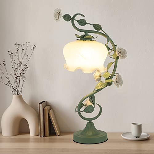 biniliubi Flower Glass Bedside Table Lamp Green Desk Lamp Glass Rattan Green Ceramic Roses Decoration Girl Bedroom Bedside Lighting with 7.48inches Wide Bent Glass Lampshade, 20 inches Tall