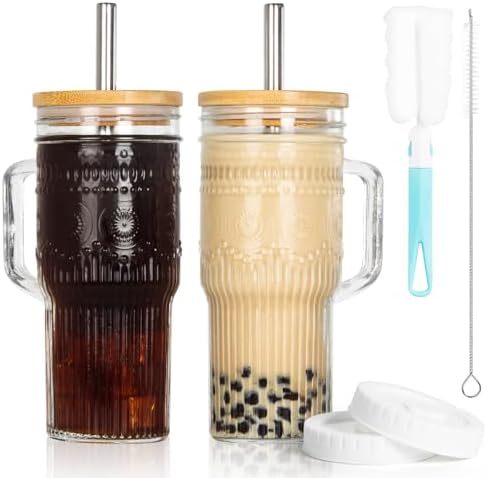 Glass Cups with Bamboo Lids and Straws, 22oz Glass Tumbler with Handle, Stainless Steel Straws & Cleaning Brushes – Boho Pattern Iced Coffee Cup for Smoothies, Tea, and Gifts, Set of 2