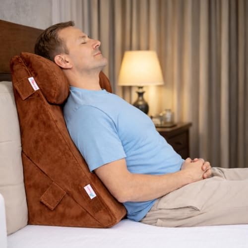 Image of Grin Health Orthopedic Bed Wedge Pillow with Head Rest High Density Adjustable Wedge Cushion for Sleeping, Acid Reflux, Heartburn, GERD, Leg Support Pillow, Back Support, Pregnancy Pillow (Brown)