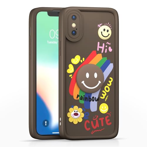 Image of Pikkme Back Cover for iPhone X /Xs | Soft Silicone| Cute Rainbow Smile & 3D Cartoon Flower Design | Shockproof Raised Camera Protection Bumper Case (Brown)