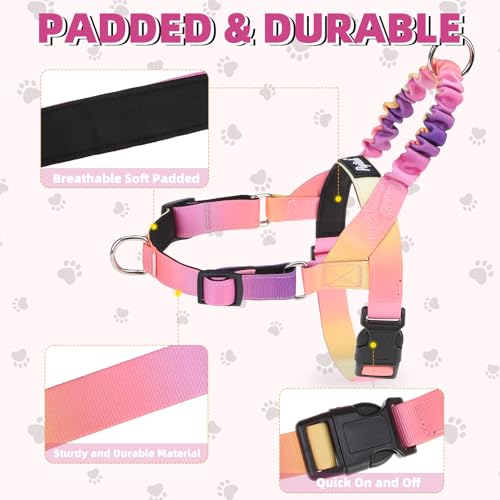 Image of PUPTECK No Pull Dog Harness Small Sized Dog, Adjustable Reflective Pet Vest Harness with Bungee Handle, Escape Proof No Choke Harness for Small Dogs Walking Training, Pink & Purple S