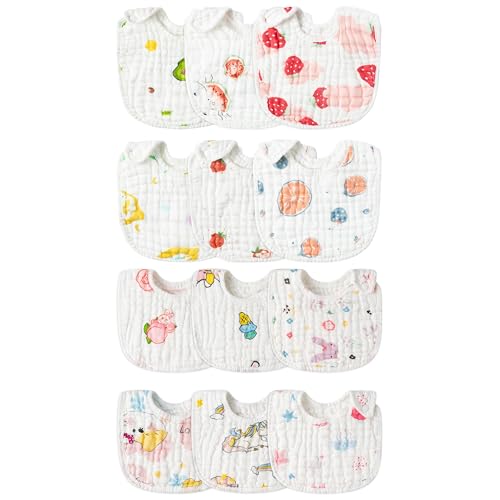 Zainpe 6Pcs Snap Muslin Cotton Baby Bibs Fruit Pattern & 6Pcs Star Cat Rabbit Pattern Adjustable Feeding Bib Unisex Burp Cloths with 6 Absorbent & Soft Layers for Infant Toddler Newborn Eating Droolin