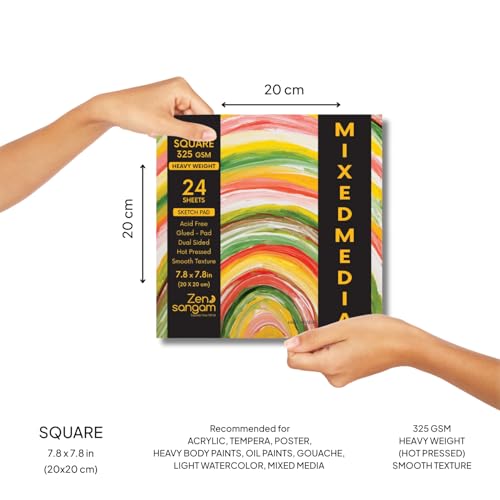 Image of Zen Sangam Artists' Square Heavy Weight Mixed Media Glued Sketch Paper Pad - 325GSM, Hot Pressed - 24 Sheets - Smooth Texture Surface (20x20cm) For Heavy-body Paints,Calligraphy and BrushPen Lettering