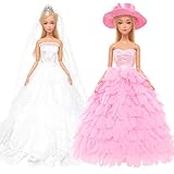 Miunana 2 Vestiti Per 30 CM / 11.5 Pollici Principessa Bambola = Sera Party Principessa Abbigliamento Abito Da Sposa Lungo Senza Spallini Con Corona E Velo + Abito A Scale Colore Di Rosa Con Cappello