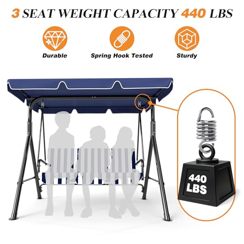 Image of GARTOO 3-Seat Patio Swing Chair, Outdoor Porch Swing with Adjustable Canopy and Durable Steel Frame for Patio, Garden, Poolside(Nevy Blue)