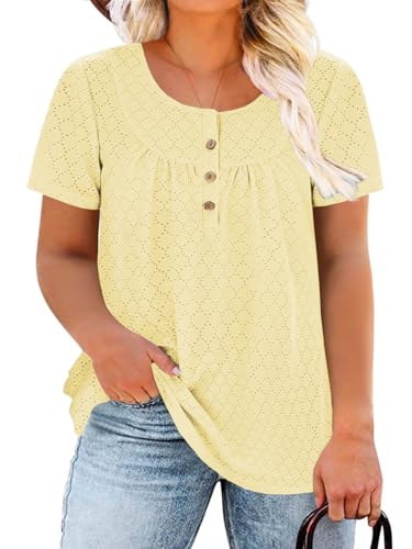 Image of VISLILY Womens-Plus-Size-Summer-Tops Buttons Up Henley Shirts Flowy Pleated Tunics Trendy Eyelet Short Sleeve Blouses