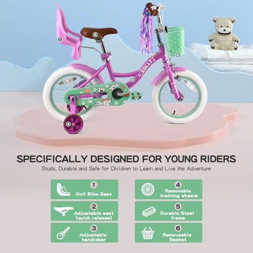 Image of RULLY 12 14 16 Inch Girls Bike with Doll Seat Basket and Training Wheels for 2-6 Years Children