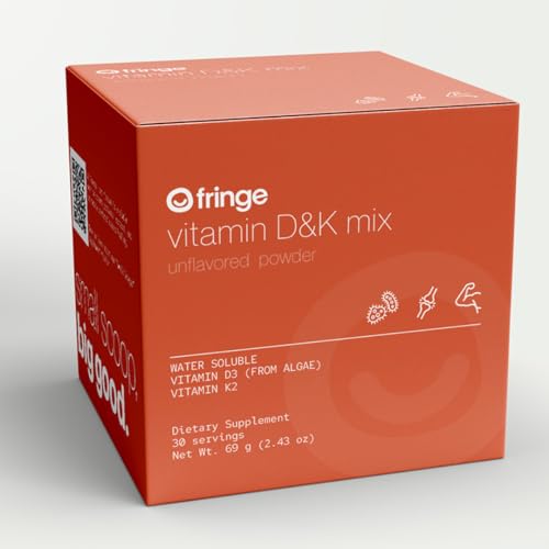 Image of Fringe Vitamin D3 and K2 Mix Powder, Water Soluble Bio-Available, D3 from Algae, Vitamin K2 MK-7 from Natto, Vegan, Unflavored (30 Servings, Vitamin D & K Mix)