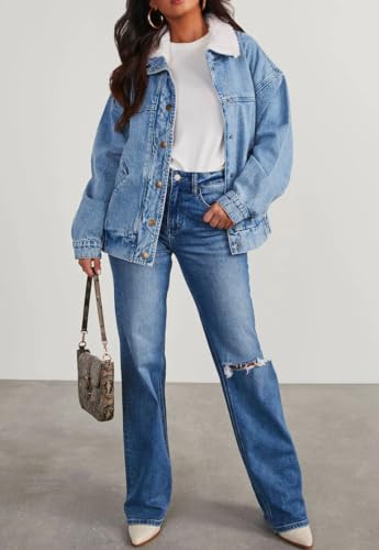 Chouyatou Women'S Warm Sherpa Collar Denim Jacket Faux Fur Collar Denim Coat Trucker Jacket thumb #4
