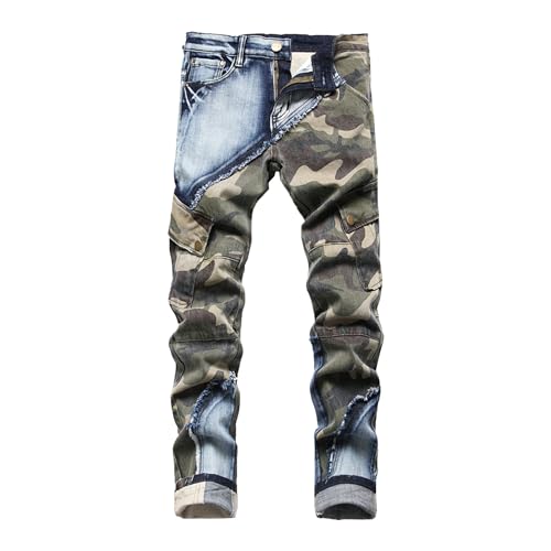 Mens Patchwork Camouflage Jeans Straight Patches Biker Denim Pants Relaxed Fit Vintage Pocketed Jean