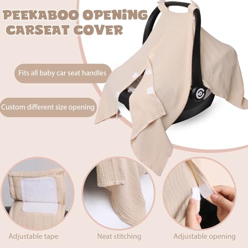 Image of Baby Car Seat Cover Muslin Infant Carseat Canopy, Peekaboo Opening Car Seat Covers, Unisex Large Universal Fit Lightweight Breathable Newborn Breastfeeding Nursing Covers