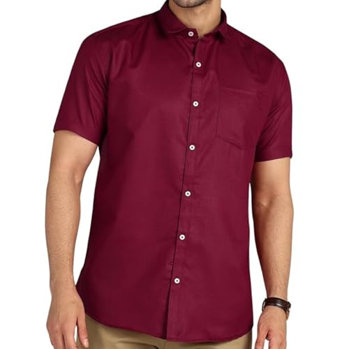 Image of MILDIN Men's Cotton Blend Solid Shirt with Spread Collared Half Sleeve Curved Hemline Button Closure Regular Fit and One Pocket | Half Sleeve Shirt for Men