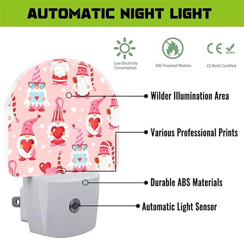 Image of Cute Love Gnomes Night Lights,Gnomes with Red Hearts Plug in Night Light with Dusk to Dawn Sensor, 0.5w Energy Saving Nightlight for Hallway Stairway Birthday Mother's Day Gifts