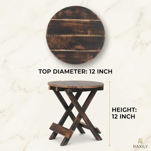 Image of Wooden Folding Side Table, Mango Wood Coffee Table for Living Room, Foldable Corner Table for Bedroom, 30 cm Square, Antique Finish (Round)