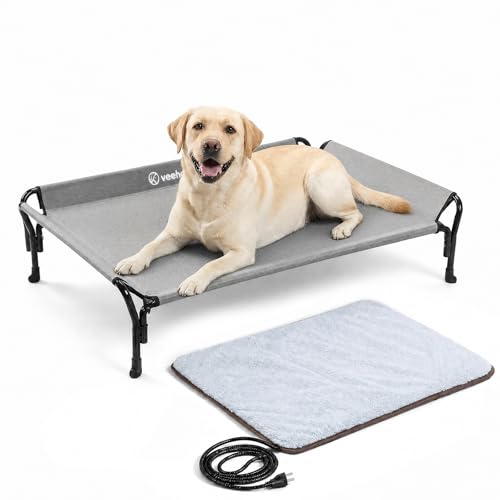 Veehoo Elevated Dog Bed with Plush Heated Mat Raised Dog Bed with Waterproof Heating Pads for Cats & Dogs Outdoor Indoor Heated Dog Sofa Bed with Power Line Protection Tube 47.2 x 31.9 Grey