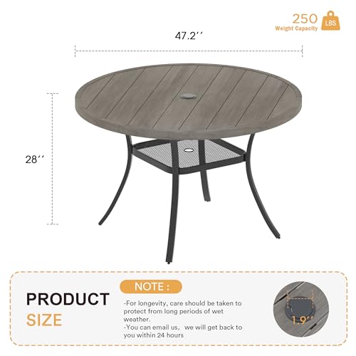 Image of VICLLAX 47.2 inch Outdoor Round Patio Table for Lawn Garden, All Weather Metal Round Outdoor Dining Table with Adjustable Umbrella Hole, 6 Person Patio Table, Grey Wood-Like Tabletop