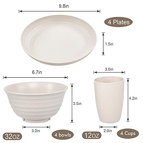 Image of 12pcs Wheat Straw Dinnerware Sets, Wheat Straw Plates and Bowls Sets for 4 Microwave Dishwasher Safe Lightweight Beige
