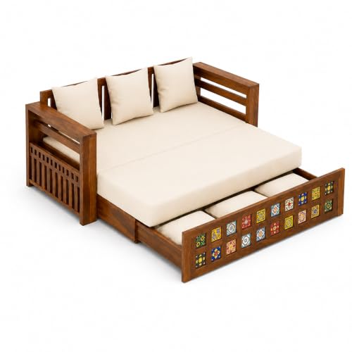 Image of SONA ART & CRAFTS Tile Sheesham Wood 3 Seater Sofa Cum Bed with Bedside | Wooden 3 Seater Sofa for Living Room Wooden Furniture Sofa Bed for Home (Natural Finish)