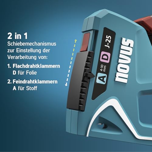 NOVUS TOOLS Handtacker J-25 Set mit 1800 Klammern │ Kleiner 2-in-1 Metall-Tacker für Holz mit Softgrip-Hebel und Unterlademechanik │ Für Feindraht- und Flachdrahtklammern von 4 bis 10 mm