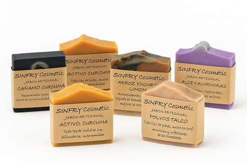 Jabones Artesanales Naturales SINFRY – Pack de 3 Unidades variadas – Vegano, Hidratante, Antimanchas, Antiacné – Elige tu combinación de variedades – Hecho a mano en España (aloe y almendras)