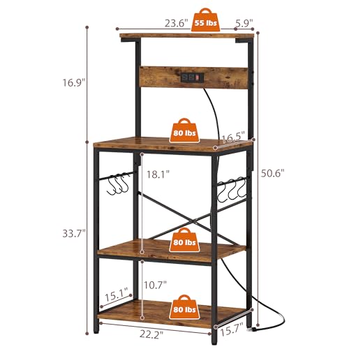 SUPERJARE Kitchen Bakers Rack with Power Outlet, Coffee Bar Table 4 Tiers, Kitchen Microwave Stand with 6 S-Shaped Hooks, Storage Shelf Rack for Spices, Pots and Pans - Rustic Brown - Image 4