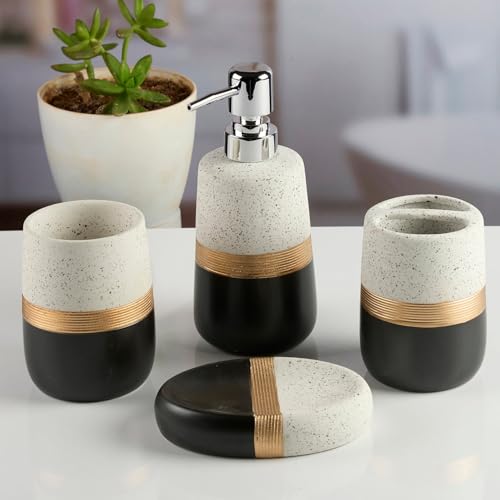 Image of SaSaSa Ceramic Bathroom Accessories Set of 4 - Stylish Bath Set with Liquid Soap Dispenser, Toothbrush Holder, Tumbler and Soap Dish for Modern Bathroom Decor, White /Black (11985)