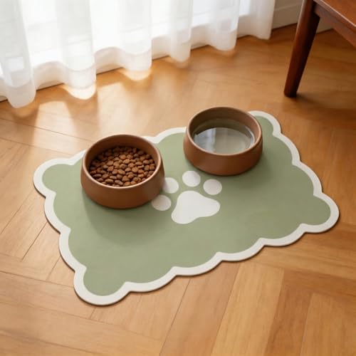 Absorbent Pet Food Mat Scalloped Edge Dog Cat Bowl Mat with Rubber Backing Quick-Dry Leather Feeding Mat for Messy Drinkers 30 x 50CM Sage Green