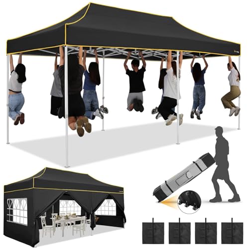 Image of HOTEEL 10x20 Heavy Duty Pop Up Canopy Tent with Sidewalls, Commercial Outdoor Canopy Tents for Parties Event Wedding with Roller Bag, Waterproof & UV 50+, Upgraded Thickened Hexagonal Legs, Black