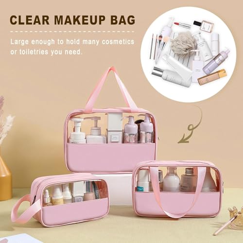Image of KBS Toiletry Kit Cosmetic Makeup Storage Organizer Clear Styilish Wash Bag Pouch Set of 3 for Travel Luggage Transparent with Metal Zipper Gift for Men Women Girls (Pink)