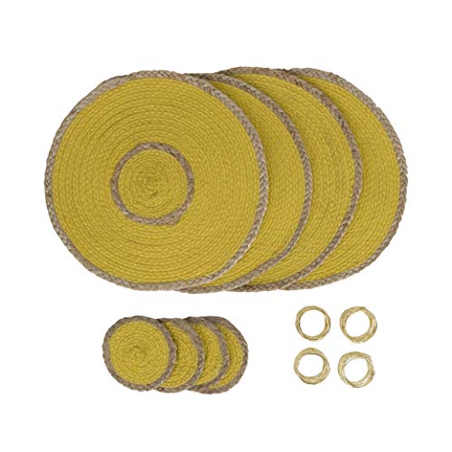 Penguin Home® Juego de 12 manteles Individuales de Yute, Posavasos y servilletas, Color Amarillo, manteles Individuales Redondos, Hechos a Mano por Expertos Artesanos Indios – Diámetro – 32 cm (13')