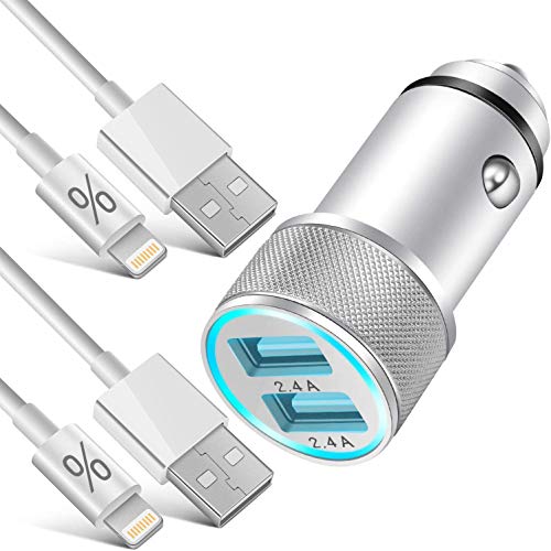 iPhone Car Charger, LUOSIKE 2.4A/5V AL-Alloy Dual USB Car Charger Adapter with 2-Pack 3FT Lightning Fast Charging Sync Cable Compatible with iPhone 12/11/XS/XR/X, 8/7/6S Plus/5S/SE2, iPad Pro/Air