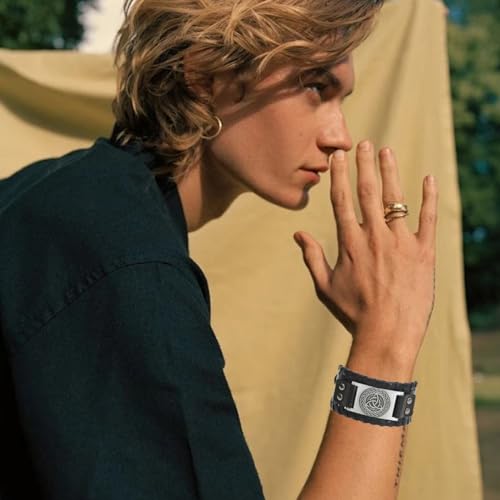 Image of GelConnie Viking Bracelet Punk Leather Cuff Bracelet Gothic Leather Wristband Bracelet with Nordic Amulet Scandinavian Talisman Celtic Pagan Jewelry