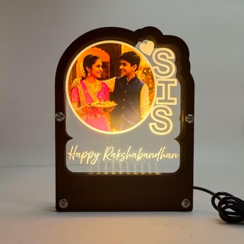 Image of lampees Personalised Happy Rakshabandhan LED Photo Frame, 200x150 mm | UV Printed Acrylic, Soft LED Backlight, Wood Frame Base, USB Powered, Sibling Keepsake