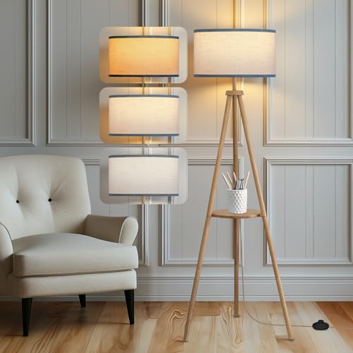 EOEYYOYB Stehlampe Holz mit Regal, 3 Farbtemperatur, Tripod stehlampe wohnzimmer mit Beige Lampenschirm für deko wohnzimmer Schlafzimmer Büro