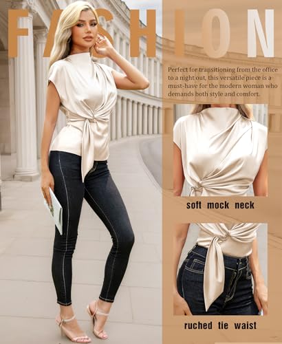VIDUSSA Womens Dressy Casual Tops - Silk Satin Work Blouse Mock Neck Cap Sleeve Ruched Tie Front Peplum Tunic Shirts3