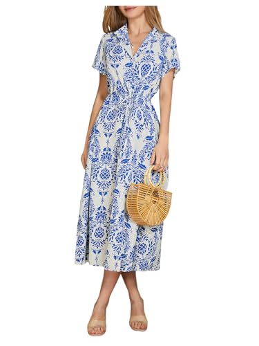 Image of Milumia Women's Floral Print Button Short Sleeve Midi Dress Drawstring Waist Summer Dresses