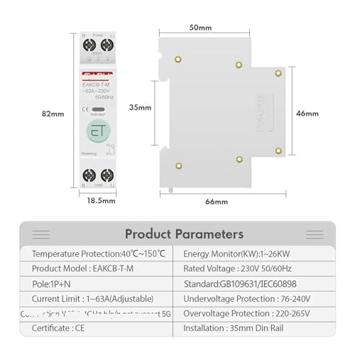 Interruptor inteligente 1P+N 63 A con protector de voltaje 3