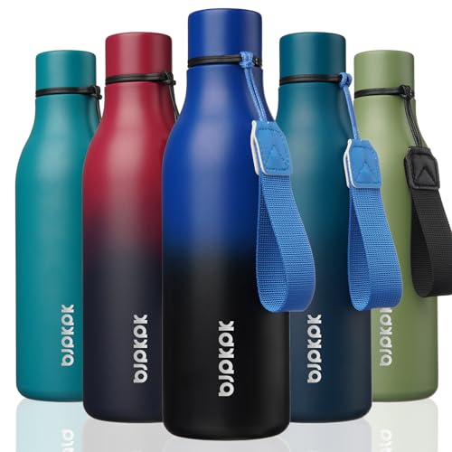 Image of BJPKPK Insulated Water Bottles, 18 oz Stainless Steel Metal Water Bottle with Strap, BPA Free Leak Proof Jugs, Mugs, Flasks, Reusable Thermal Flasks for Sports & Travel, Blue Black