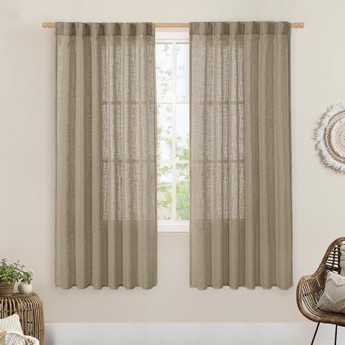 LAMIT Linen Curtains 68 Inch Length 2 Panels, Light Filtering Panels Back Tab and Rod Pocket Neutral Drapes for Bedroom/Window/Living Room, Taupe, 52 x 68 Inch