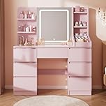 Airfish Dressing Table with LED Mirror,3 Color Adjustable Brightness,Vanity Desk with Light,Makeup Table with Open Shelves and 7 Large Drawers for Modern Bedroom (Pink)