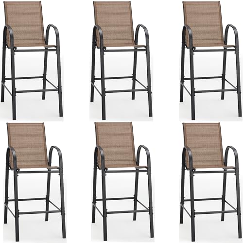 HOMREST Outdoor Bar Height Stools Set of 6,High Back Patio Chairs with Armrests,Textilene Chairs with Breathable Fabric & Metal Frame for All Weather,Brown