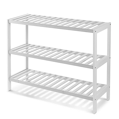 KEPLIN Natural Bamboo Shoe Rack Easy Assembly & Strong Design Shelf Organiser Ideal for Bedroom, Bathroom, Hallway & Small Spaces Large Capacity Up to 9 Pairs of Shoes (White, 3 Tier) (70x55x25cm)