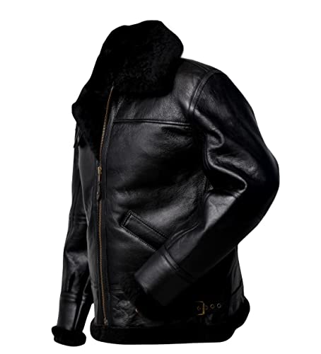 Men B3 Bomber Aviator Shearling Sheepskin Leather Winter Jacket, Black2