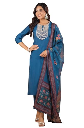 Image of Janasya Women's Silk Blend Yoke Embroidered Straight Kurta Set