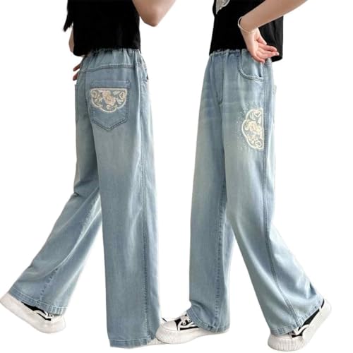 Girls Wide Leg Jeans Kids Baggy Elastic Waist Casual Ice Cool Denim Pants with Pockets